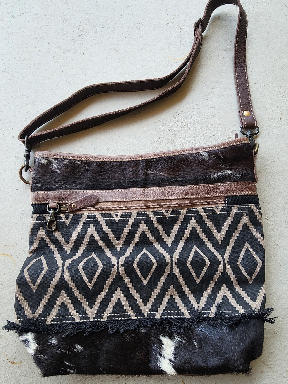 Women’s Myra Crossbody Bag in Brown and Black - Geometric Pattern
